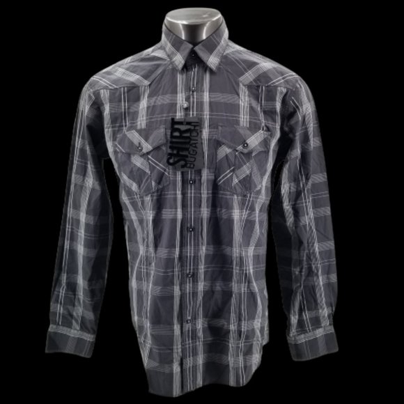 Bugatchi Shaped Fit Men's Flip Cuff Charcoal Plaid Long Sleeve Shirt Sz M - Picture 4 of 10